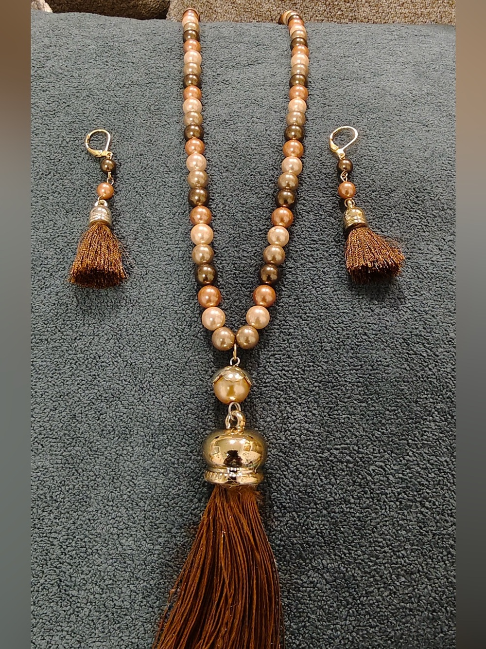 Gold-Tone Brown Pearl Bead Necklace with Brown Tassel and Matching Earrings